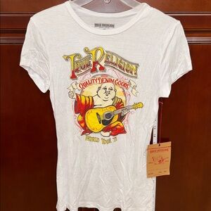 True Religion White Women Logo Vneck Tee Tshirt Rhinestones Top Blouse XS NWT